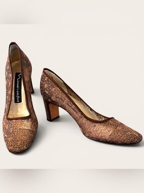 Vintage Nina Metallic Lace Heels Bronze Shimmer Block Heel Pumps Size 6